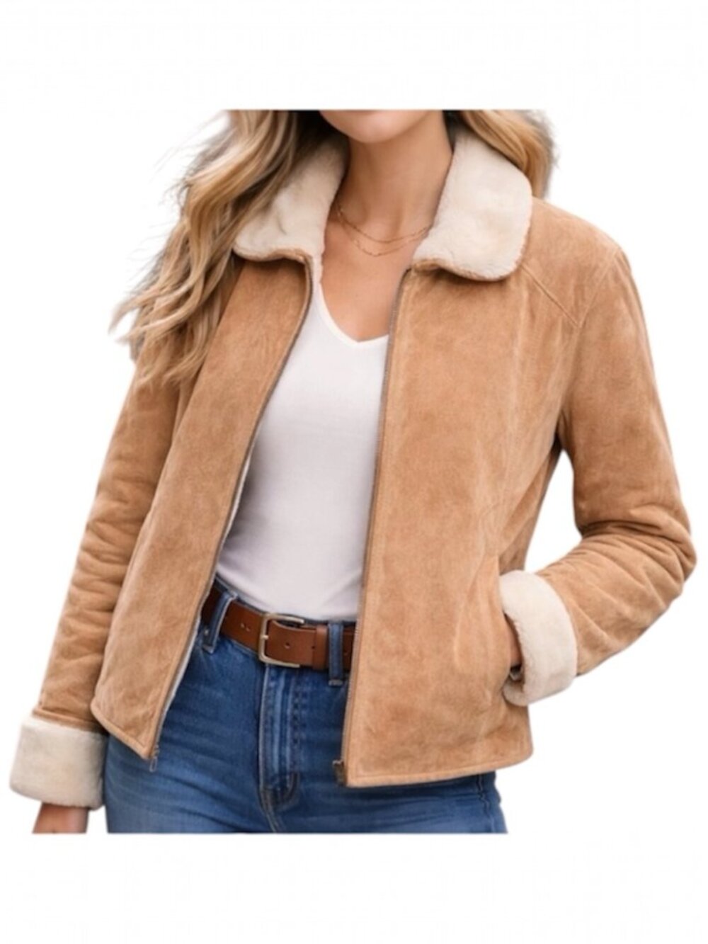 Vintage Adler Collection Tan Suede Shearling Lined Leather Cream Y2K Coat Jacket - Picture 4 of 4